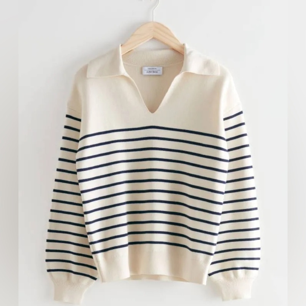 & Other Stories Cream V-Neck Striped Jumper
